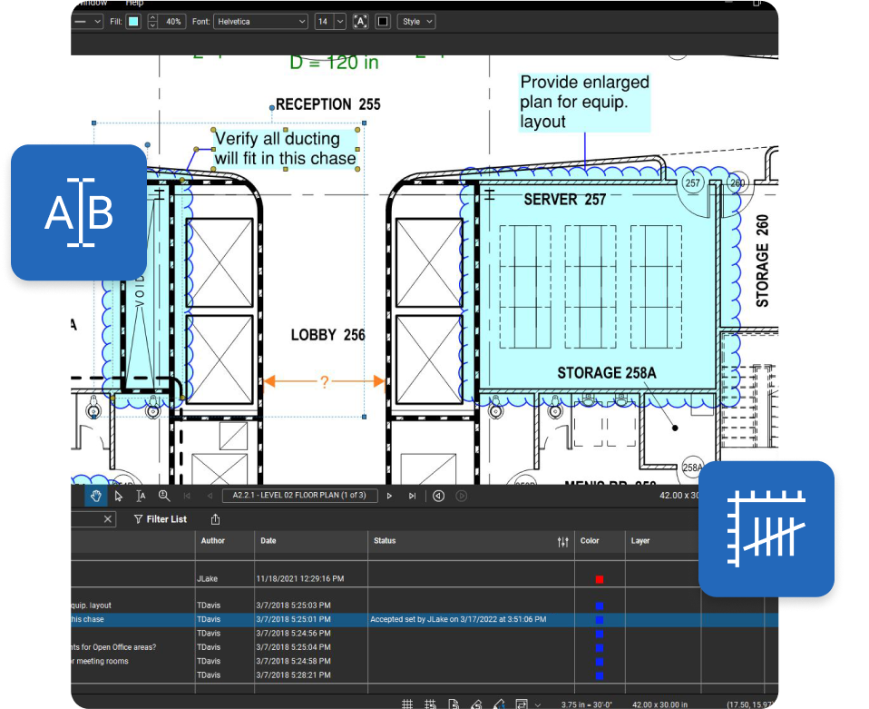 Bluebeam Revu General Contractor Markup and Measurement Software interface with marked up drawing and Markups List