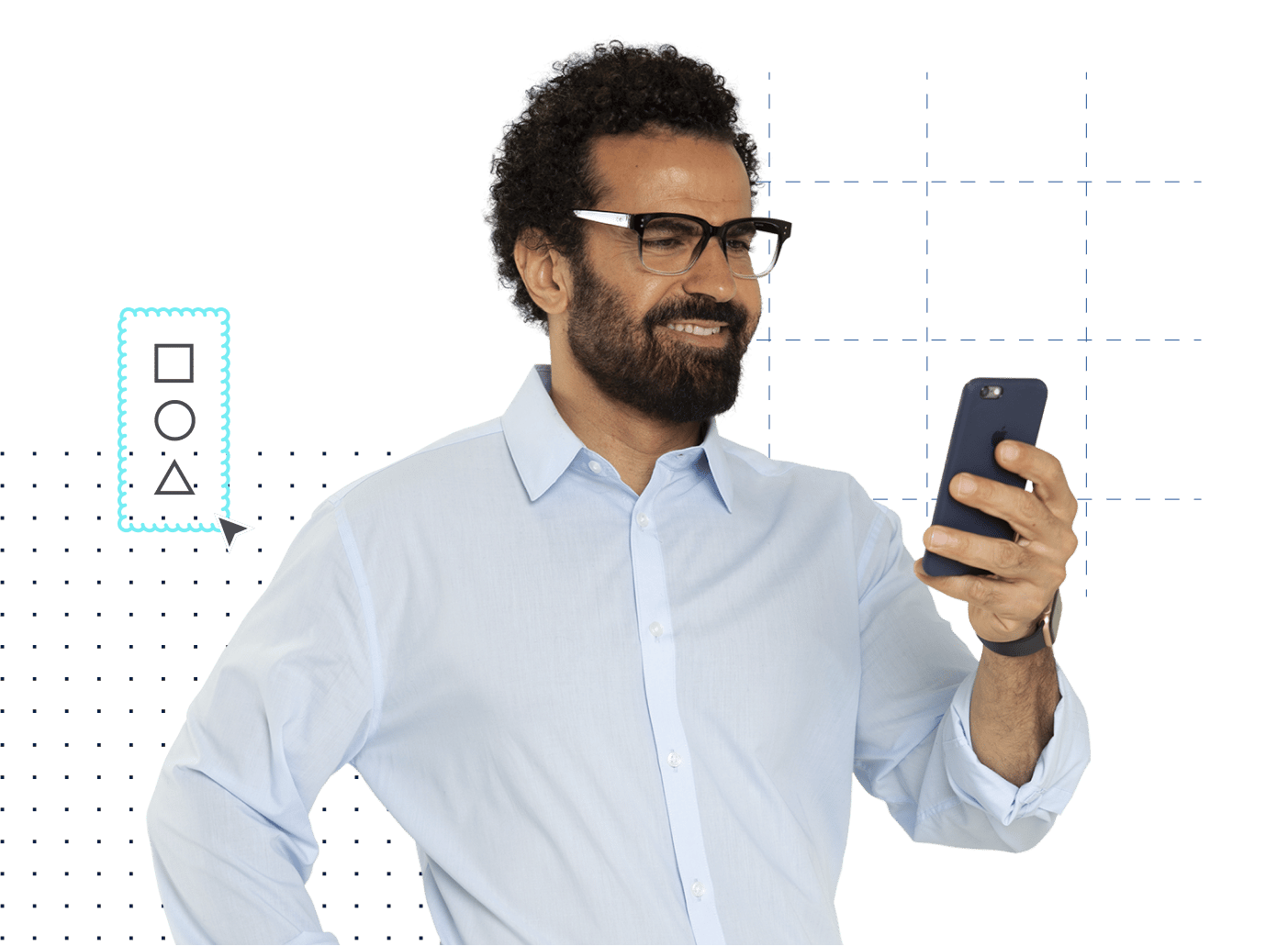 male architect in button down shirt with glasses looking at mobile device