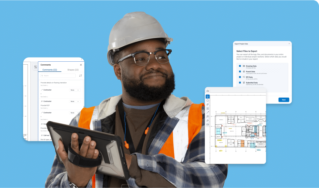 Smiling construction worker holds a tablet with floating Bluebeam Cloud windows