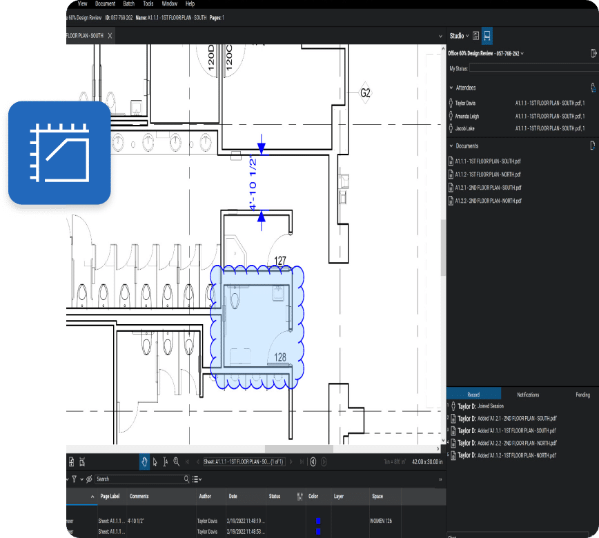 Measurement markups on a mine site plan in Revu