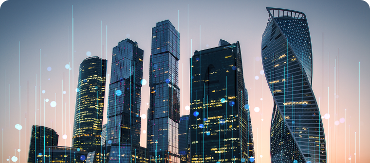 City skyline with graphic overlay