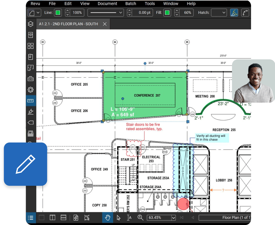 Benutzeroberfläche von Bluebeam Revu, Software für Subunternehmen