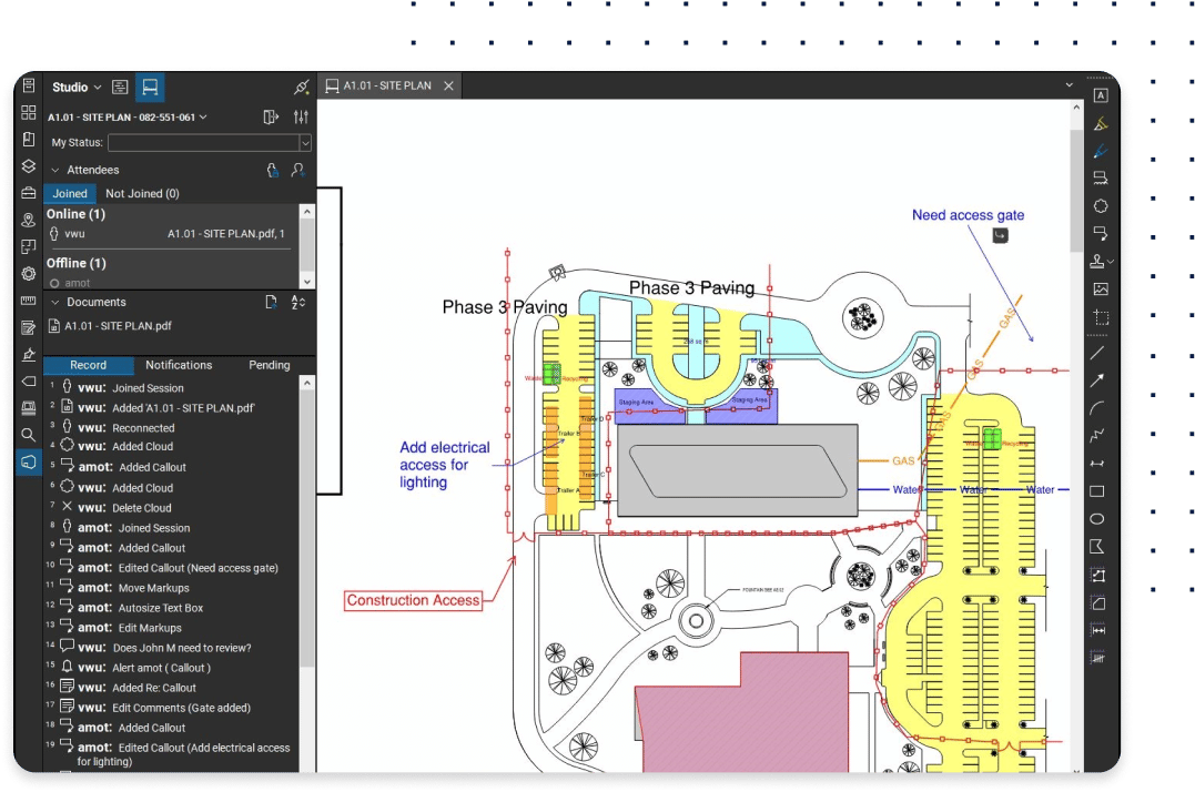 Beteiligte markieren Baustellenlogistikpläne mit Studio in Bluebeam Revu