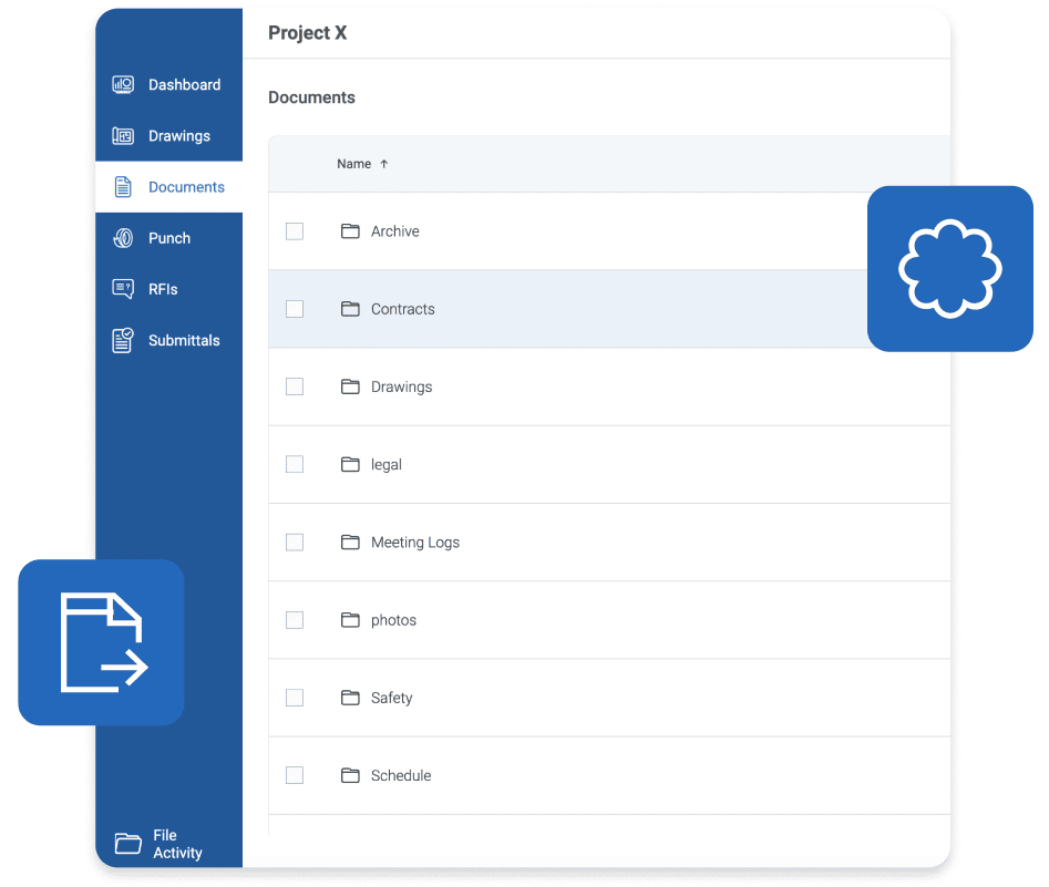 Benutzeroberfläche von Bluebeam Cloud mit Dokumenten und Ordnern