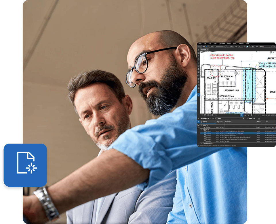 Architekten arbeiten zusammen, Benutzeroberfläche von Bluebeam Revu, Dokumentenverwaltungssoftware