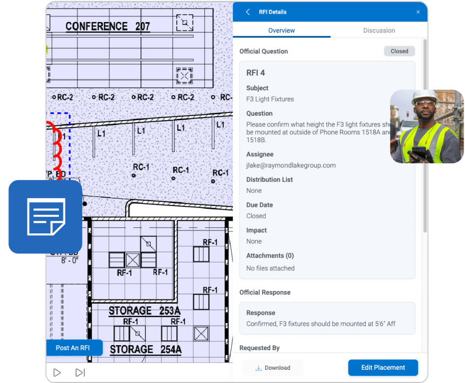 Benutzeroberfläche von Bluebeam Cloud, Architektursoftware für RFIs