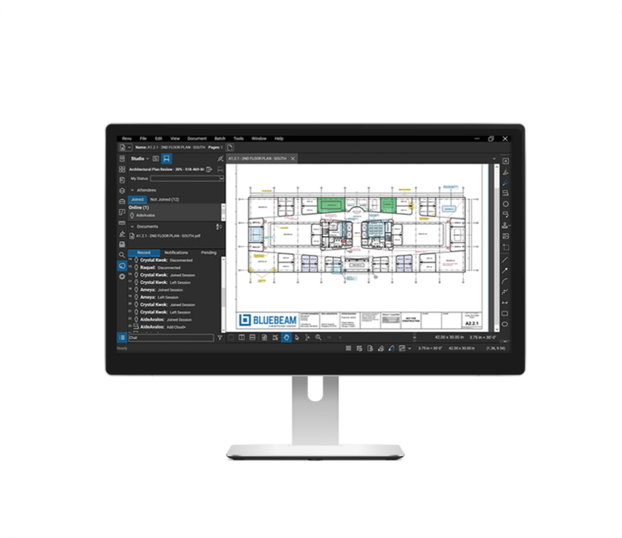 Bluebeam Benutzeroberfläche mit Plan auf Computerbildschirm