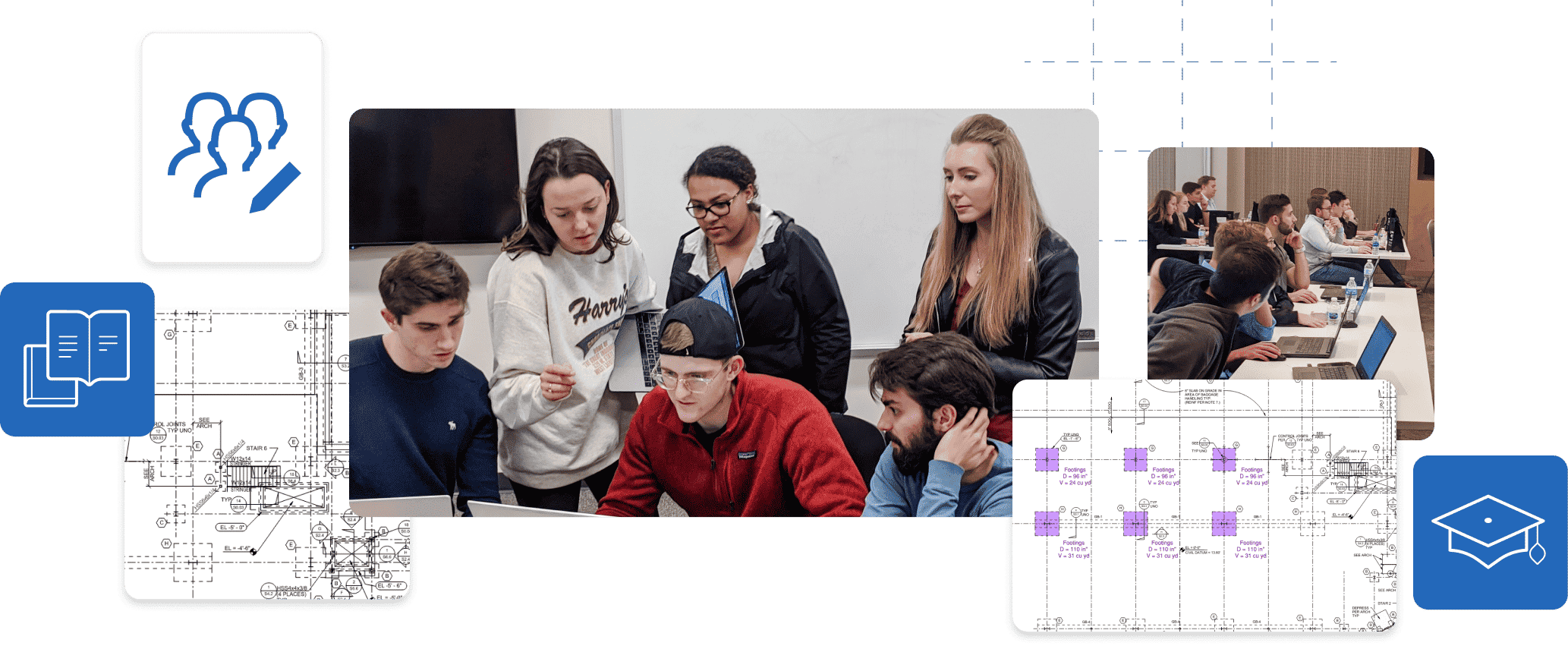 Studierende arbeiten an einem Projekt, Bluebeam Benutzeroberfläche und Bluebeam Symbole