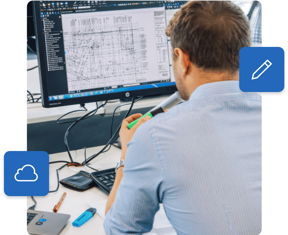 Mann im Büro arbeitet mit Bausoftware von Bluebeam