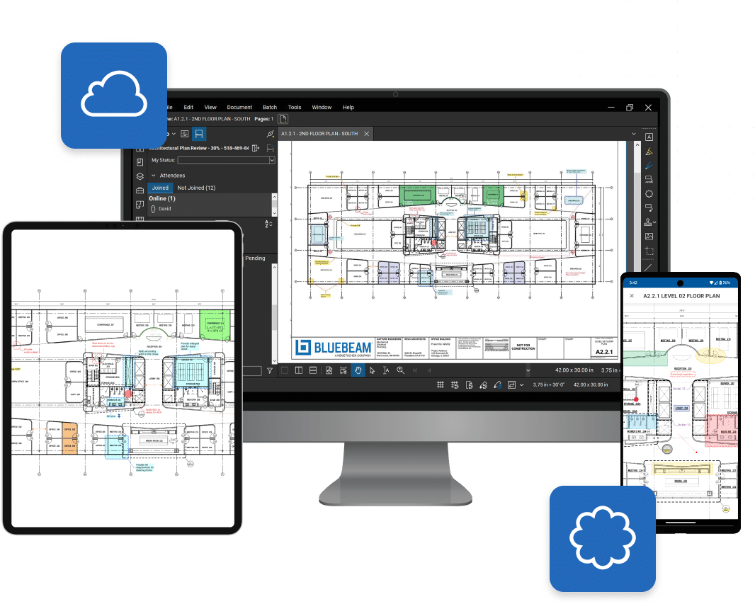 Revu und Bluebeam Cloud auf Desktop, Tablet und Mobilgerät