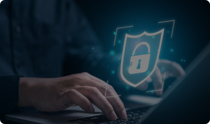 A laptop with a glowing hologram of a lock and shield, symbolizing cybersecurity.