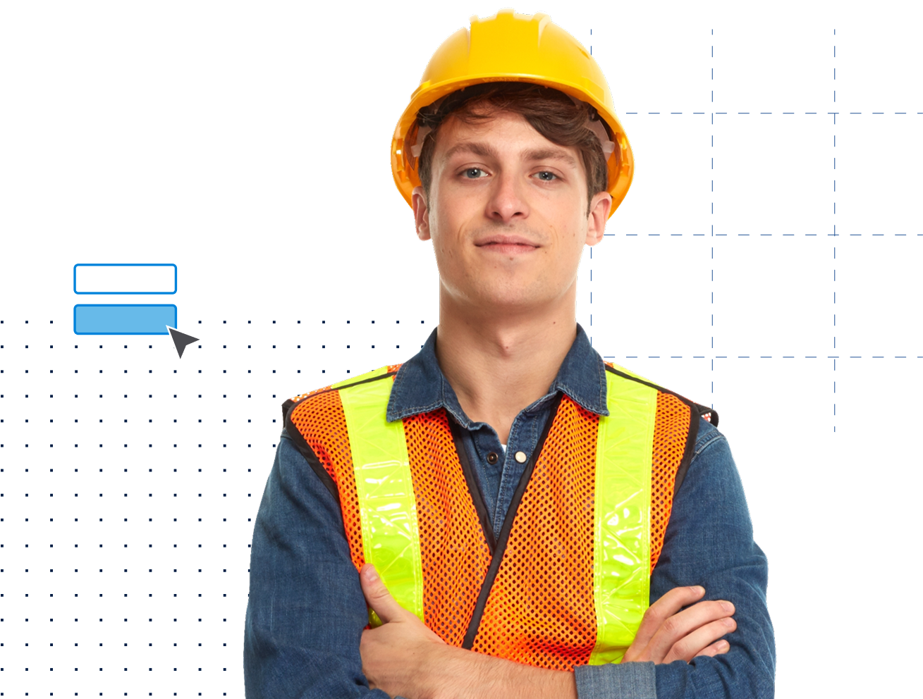 Construction worker with arms folded and decorative markups behind him