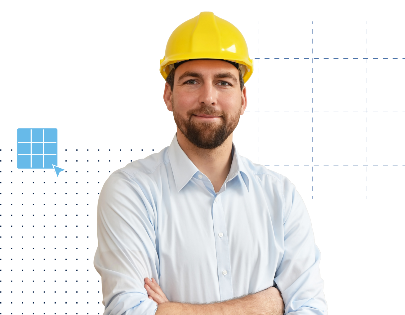 Construction worker with arms folded and decorative markups behind him