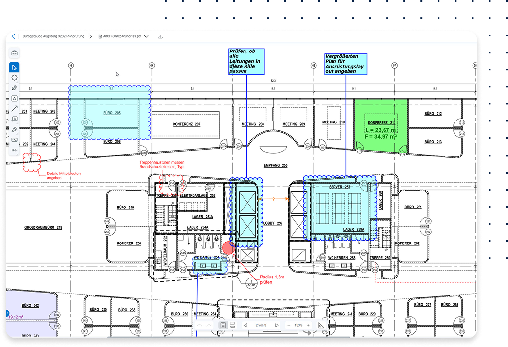 Screenshots of markups on plan in Bluebeam Cloud