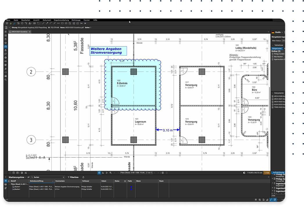 Screenshot of measurements and markups tracked in the markups list in Revu
