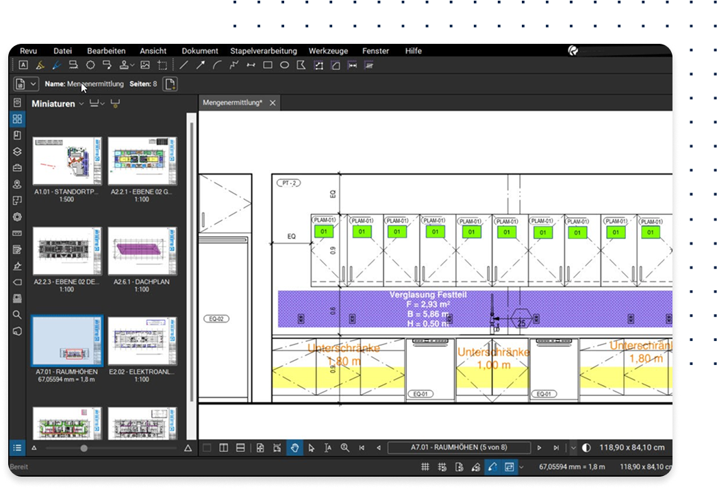 Screenshot of Revu markups and page thumbnails