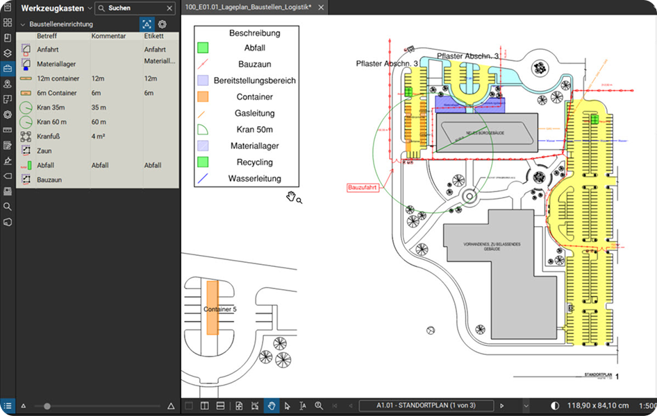 A marked up plan in Revu with a legend