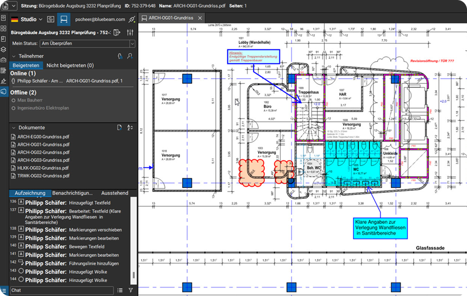 Revu with Studio panel open and marked up plan