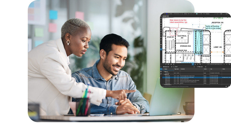  Two coworkers working with Revu, with an overlay of their screen 