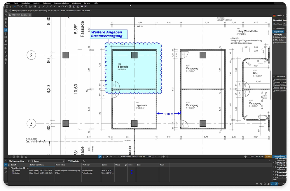 Screenshot of measurements and markups tracked in the markups list in Revu