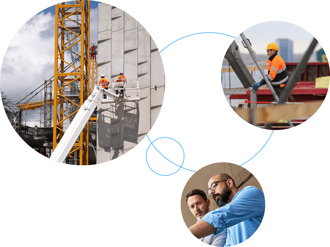 Circular photo collage of construction workers