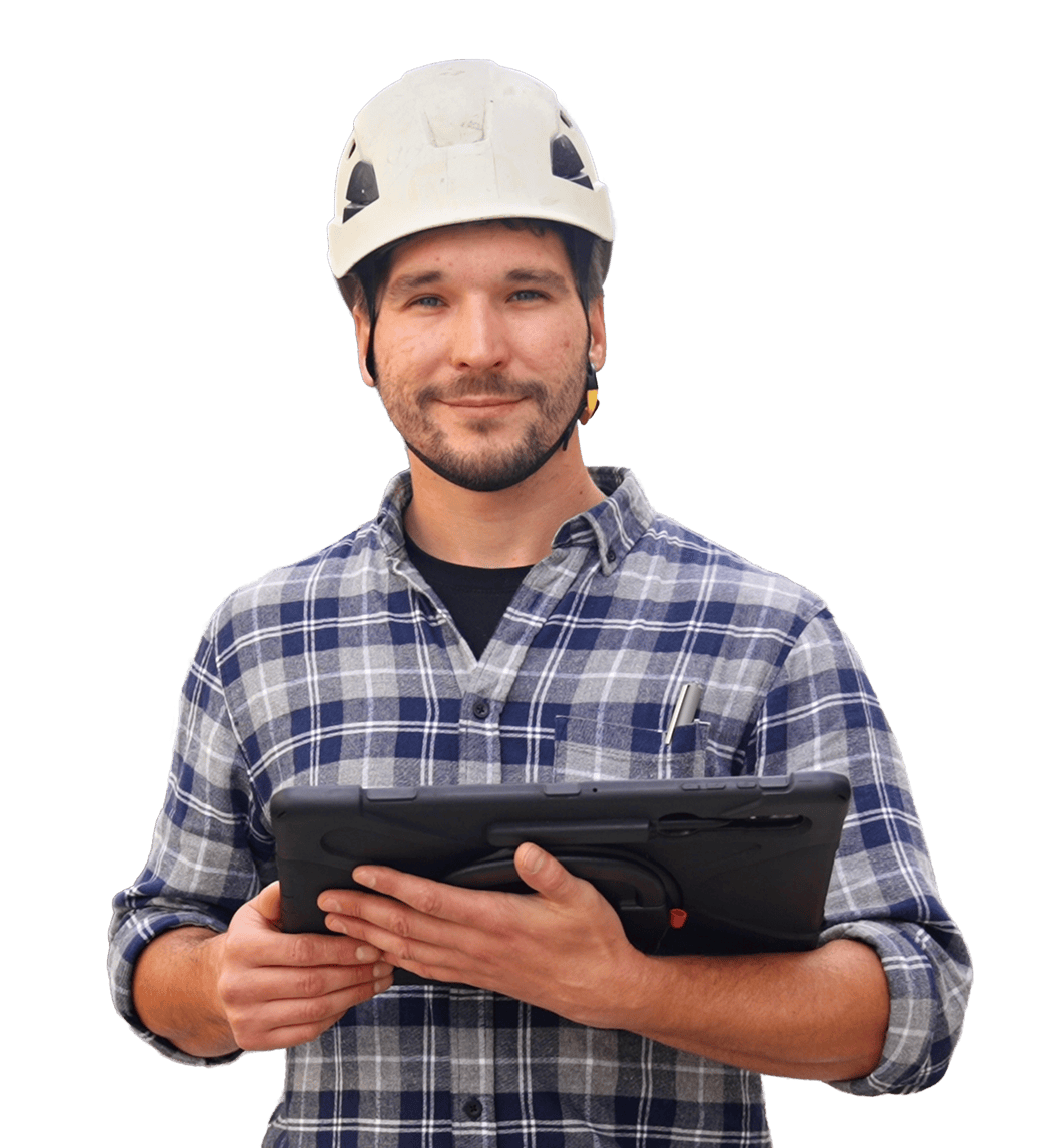 Construction Worker holding a tablet device.
