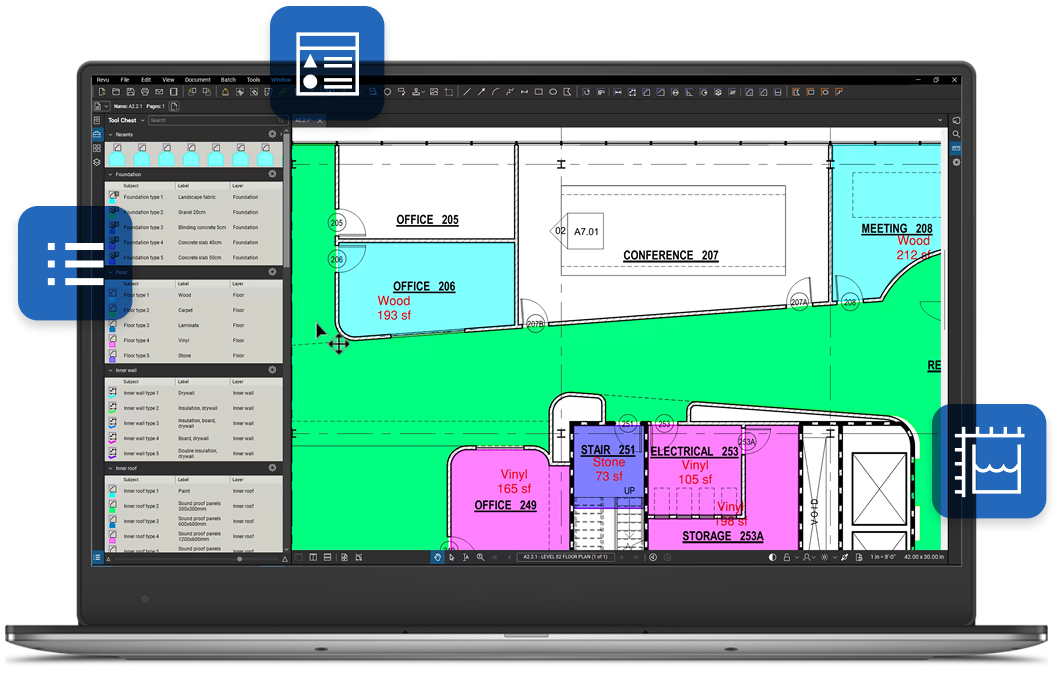 Bluebeam Revu on a laptop with feature icons floating around