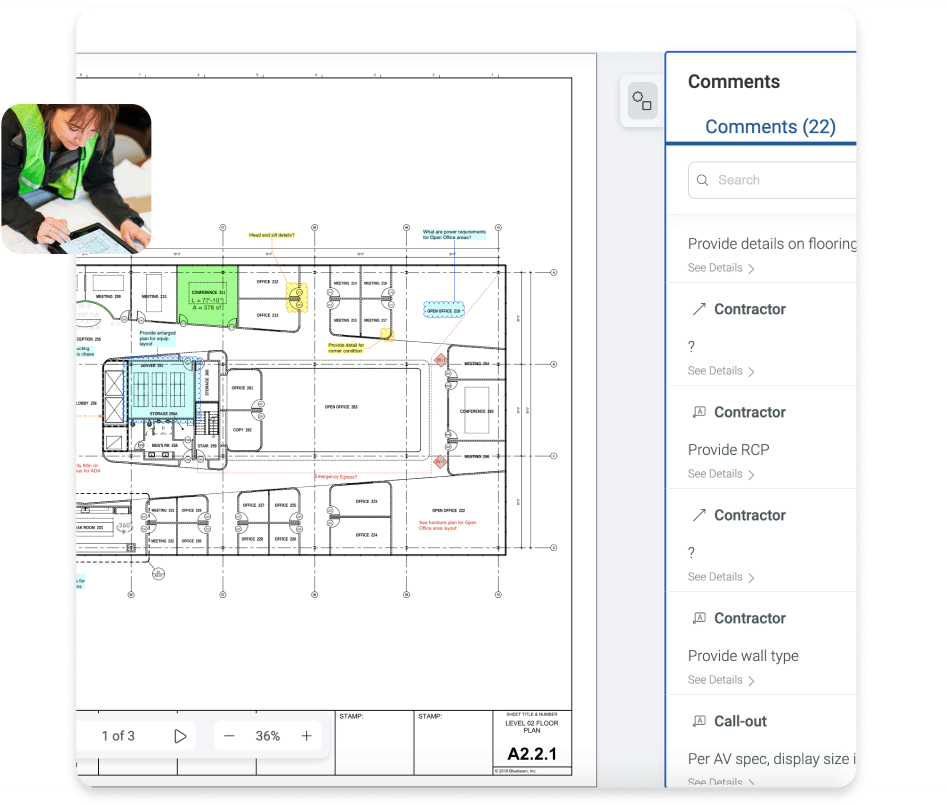 Grænseflade til Bluebeam Cloud-byggesoftware til ingeniører, der viser tegningsplan med markeringer og kommentarer