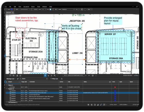 Annotationslisten og markeret tegning i Bluebeam Revu-byggesoftware