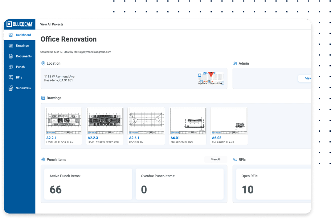 Kontrolpanel til byggedokument- og tegningshåndtering i Bluebeam Cloud software med centraliserede tegninger, dokumenter, data