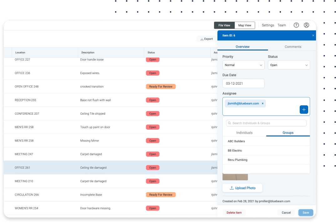 Sporingsstatus i Bluebeam Cloud byggesoftware til mangelliste