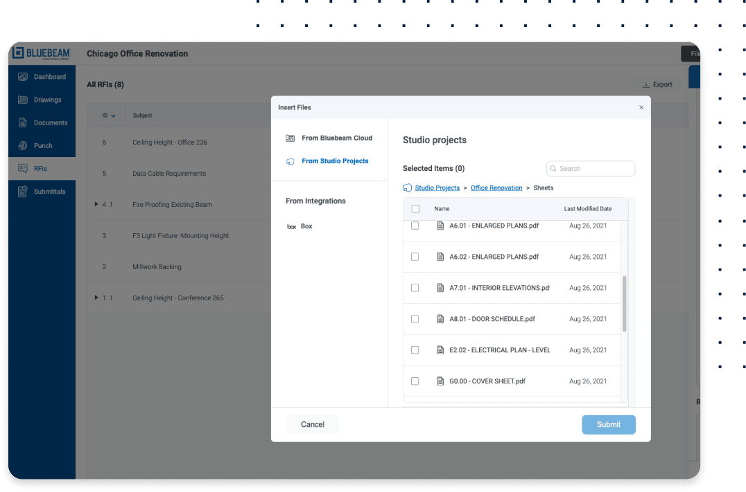 adgang til field tools til oplysningsforespørgsler og dokumenter til forelæggelse i Bluebeam Cloud-software