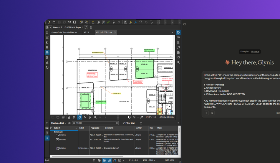 A computer screen displays a construction drawing with annotations on the left and handwritten instructions in a dark sidebar on the right, showcasing advanced PDF markup software against a purple gradient background.