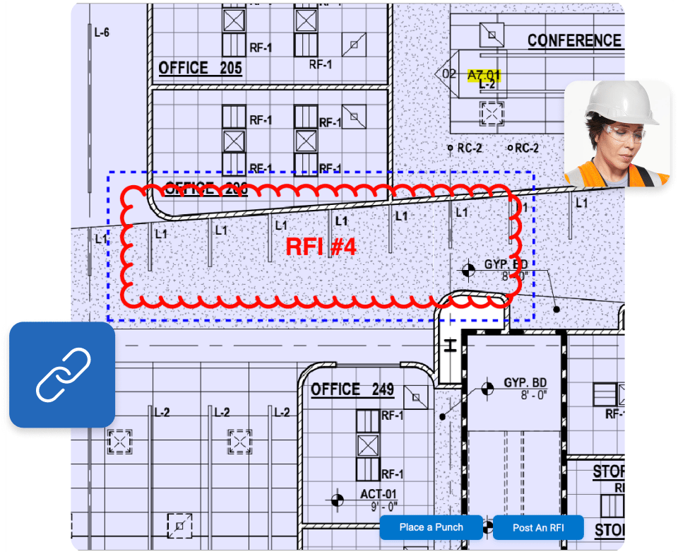 Interfaz de software de ingeniería de construcción Bluebeam Cloud que muestra RFI en planos