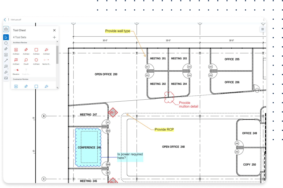 acceso a documentos y conjuntos de herramientas en el software de gestión de documentos y planos de construcción Bluebeam Cloud