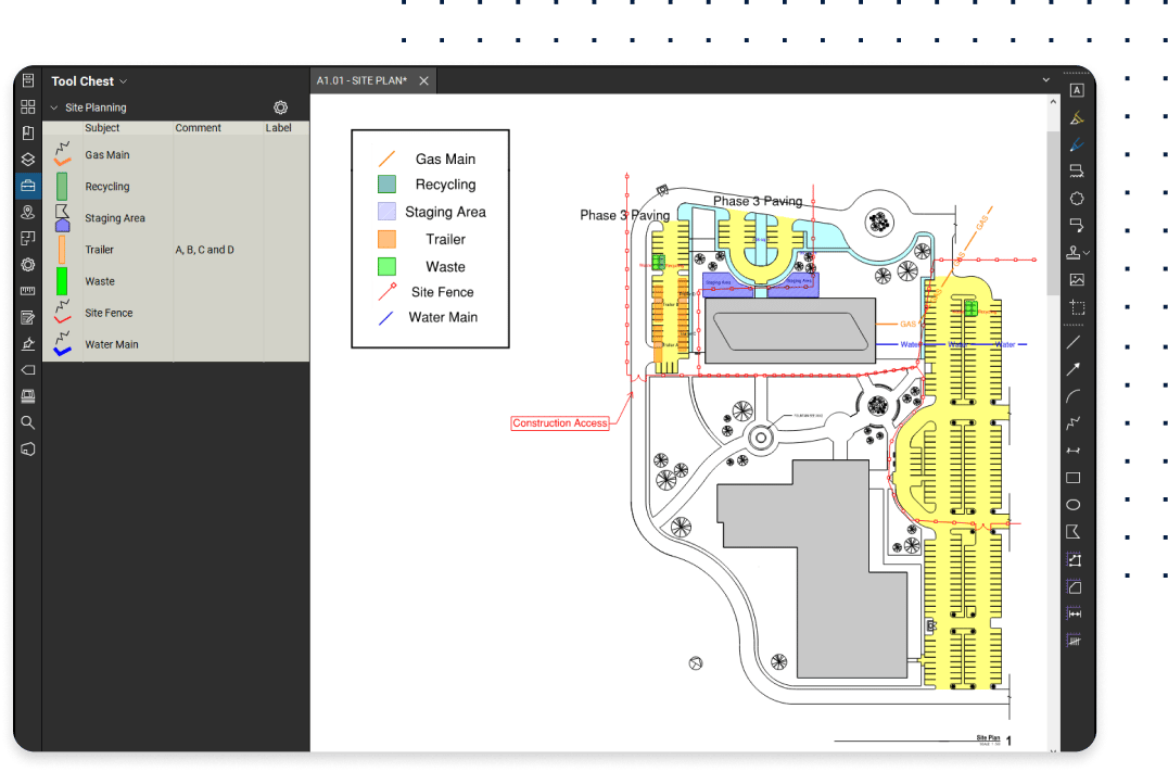 Software de planes de logística del sitio Bluebeam Revu con marcados escalables