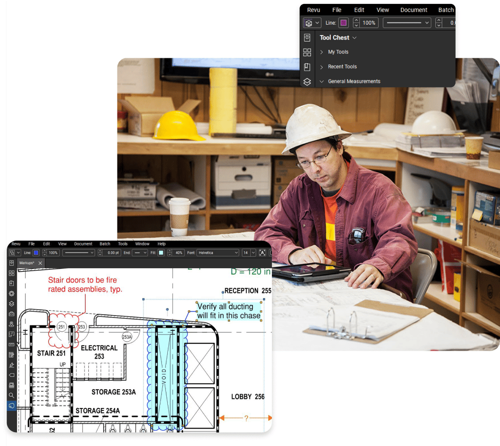 Trabajador de la construcción en remolque, soluciones de software de construcción y dibujos de marcado Bluebeam Revu