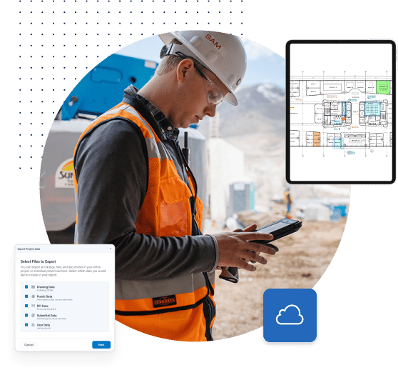 Trabajador de construcción en una obra utilizando las soluciones de software de construcción de Bluebeam