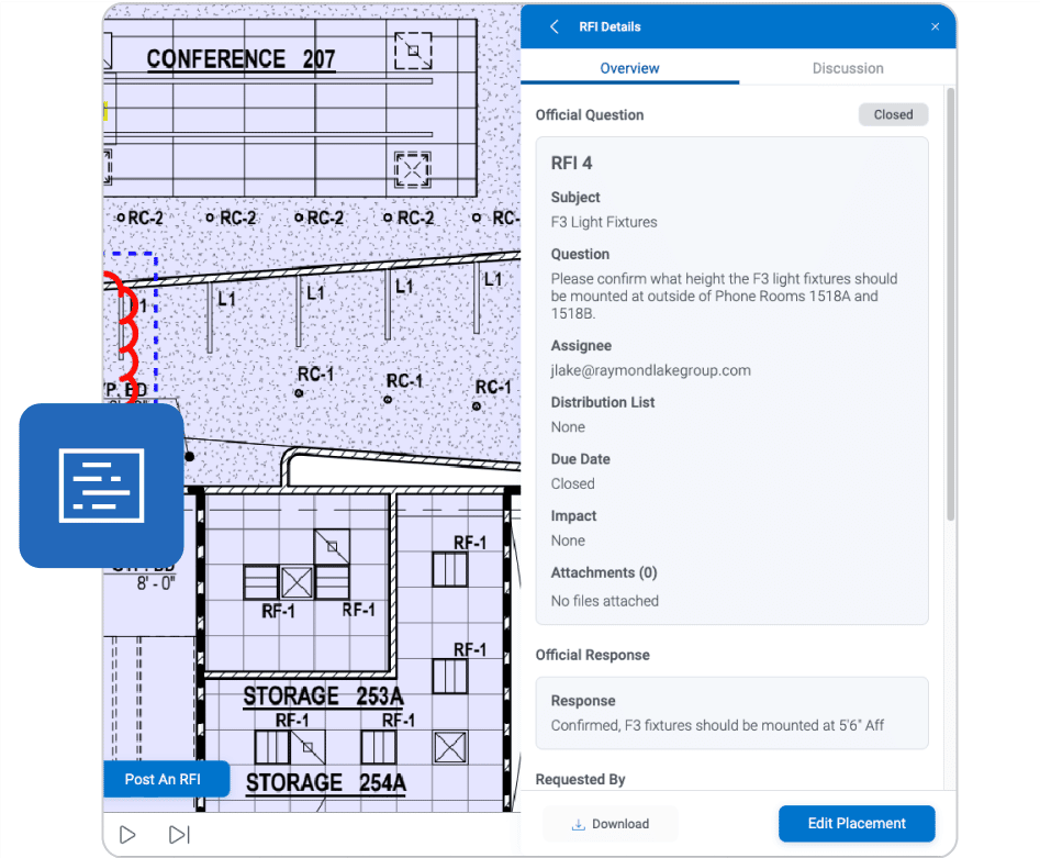 Interfaz de software para contratistas generales de Bluebeam Cloud que muestra RFI