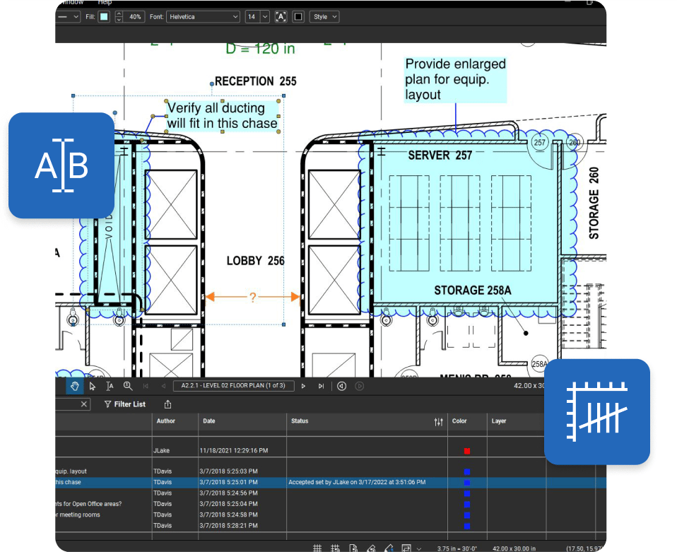 Interfaz de software de medición y marcado para contratistas generales de Bluebeam Revu con plano y lista de marcas