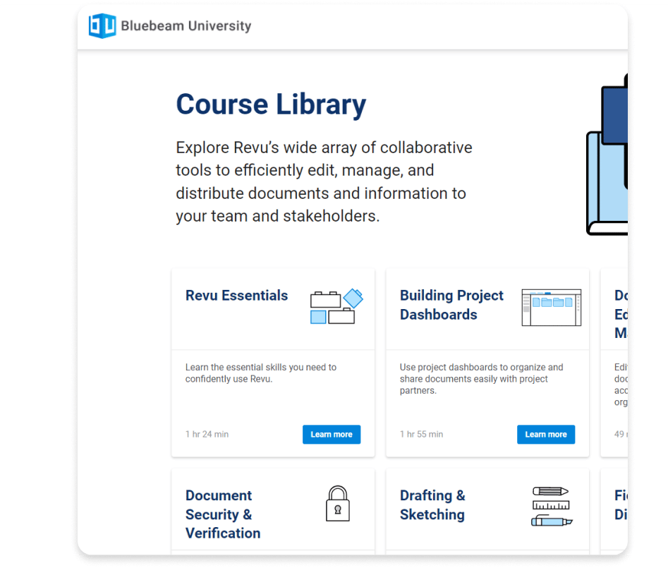 Biblioteca de cursos de Bluebeam University para formación autoguiada