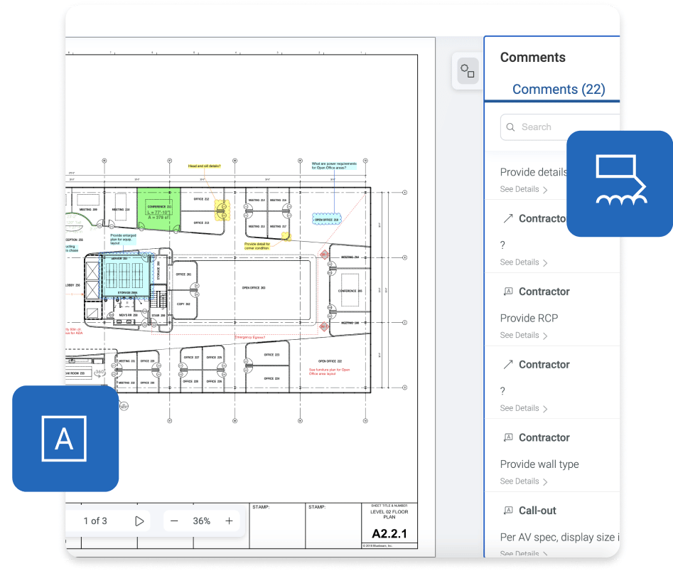 Software de colaboración para la construcción Bluebeam Cloud con anotaciones y comentarios