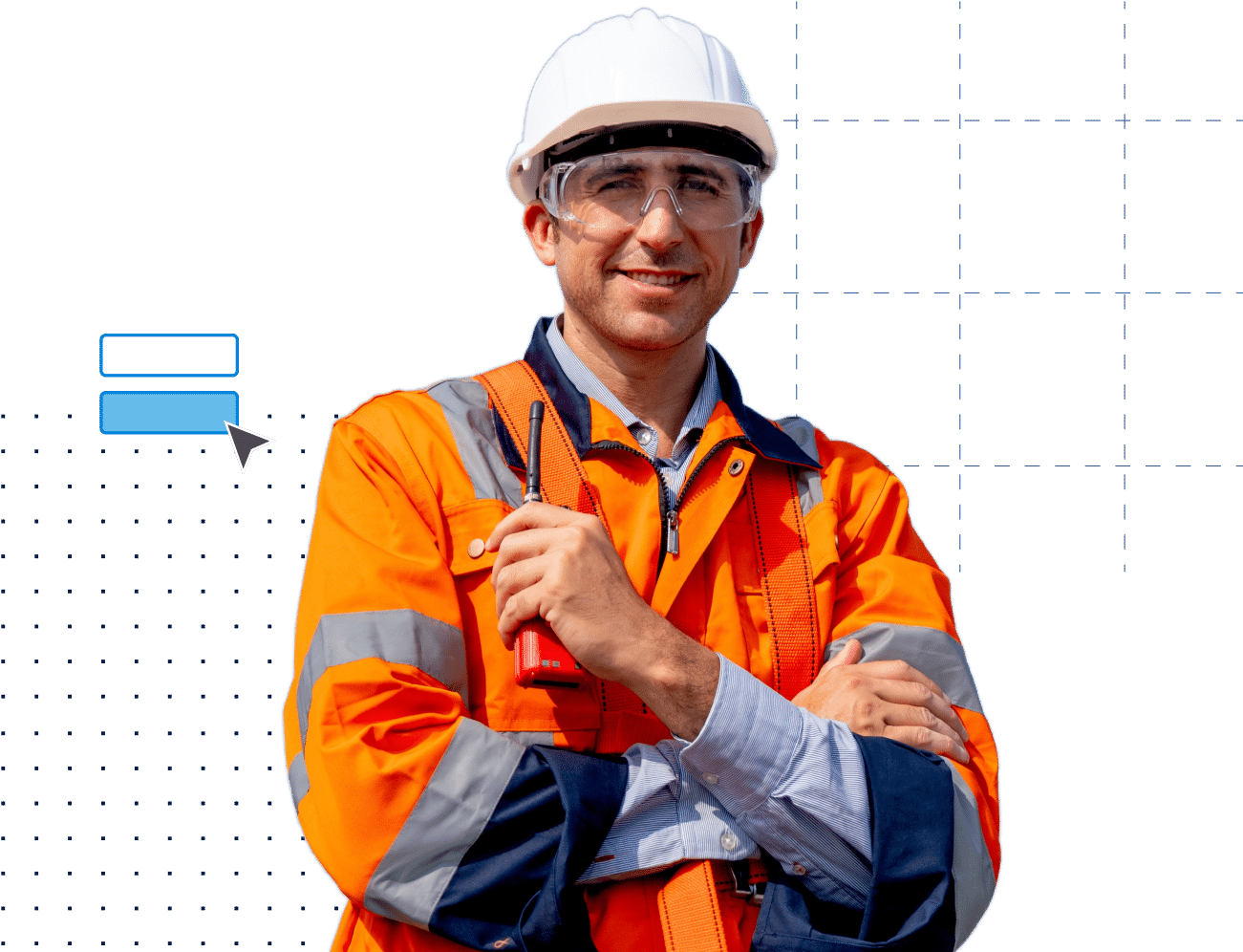 Profesional de la minería con equipo de seguridad y walkie-talkie en la mano