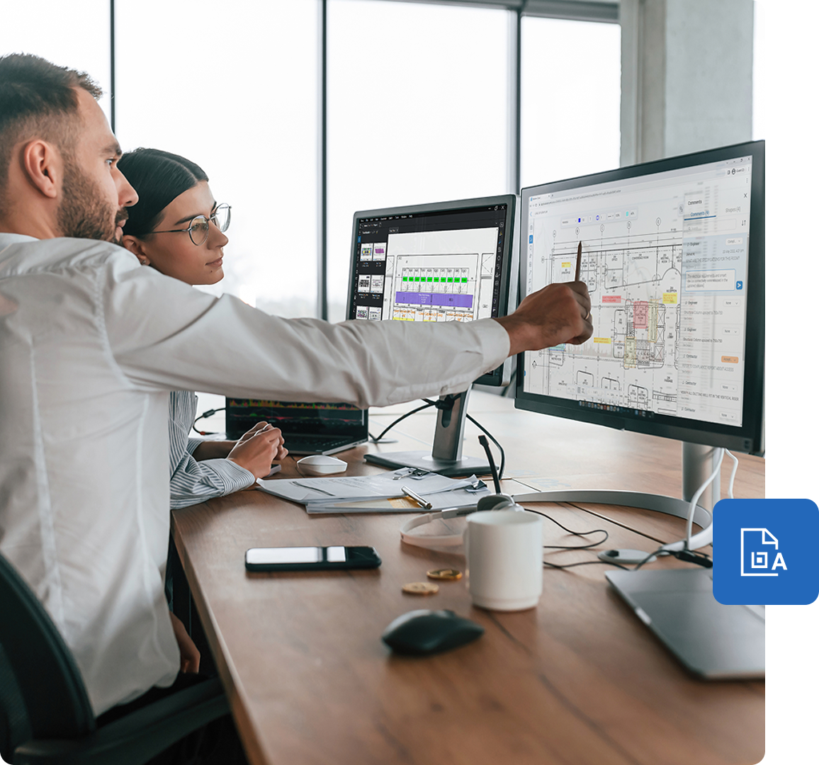 Office workers look at Bluebeam on desktop together