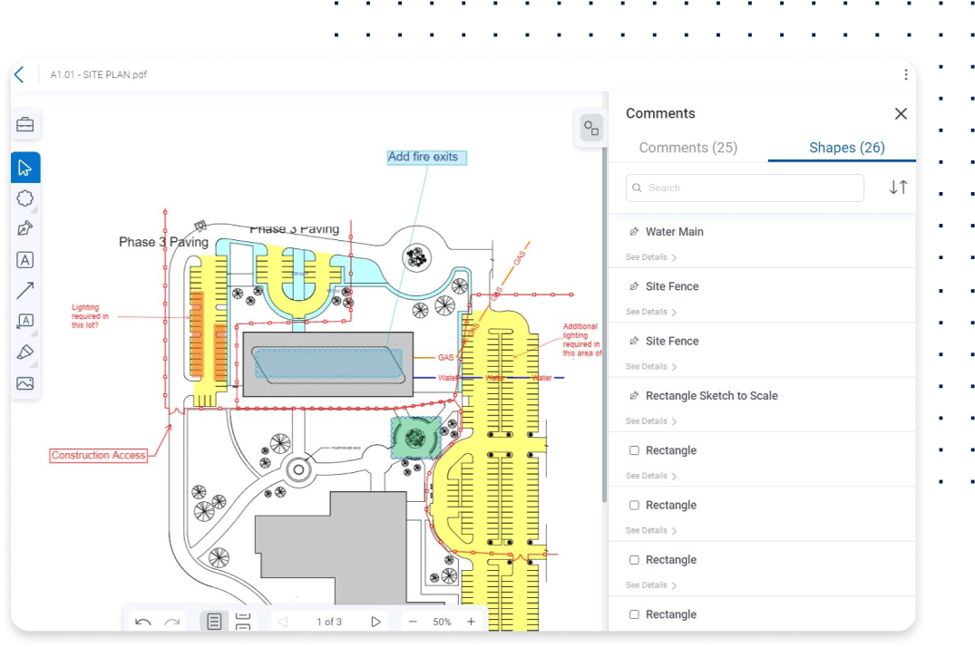 Bluebeam Cloud -työmaan logistiikkasuunnitelmat verkossa reaaliaikaisilla päivityksillä kentältä.