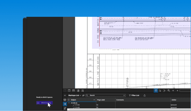 A computer screen shows a technical drawing open in pdf markup software. A cursor points to a purple button labeled OPEN IN REVIEW, with markup tools and a comments section below—ideal for streamlining construction management workflows.