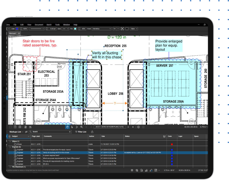 liste des marquages et dessin marqué dans le logiciel de construction pour ingénieurs Bluebeam Revu