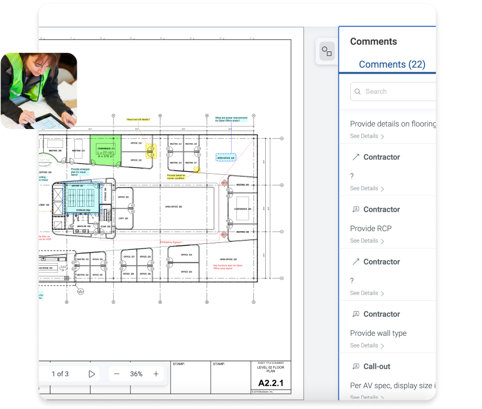 interface du logiciel d'ingénierie et de construction Bluebeam Cloud affichant un plan avec des marquages et des commentaires