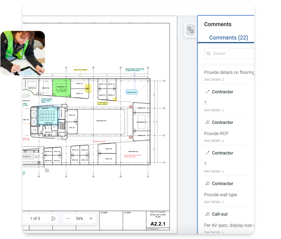 interface du logiciel d'ingénierie et de construction Bluebeam Cloud affichant un plan avec des marquages et des commentaires