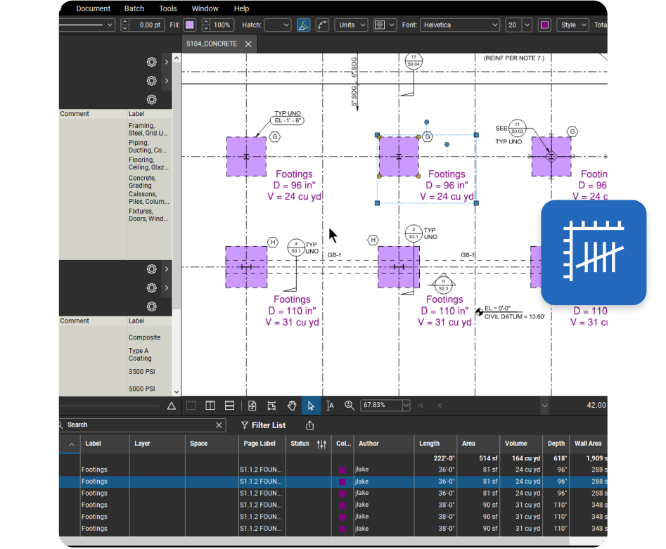 interface du logiciel d'ingénierie et de construction Bluebeam affichant le flux de travail des avant-métrés avec des mesures précises